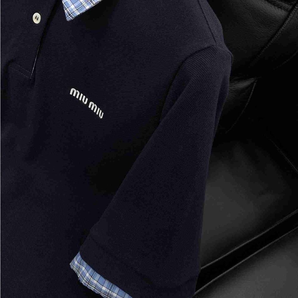 Miu Miu Women's Navy Blue Polo Collar Short-Sleeve T-Shirt - Picture 4 of 7